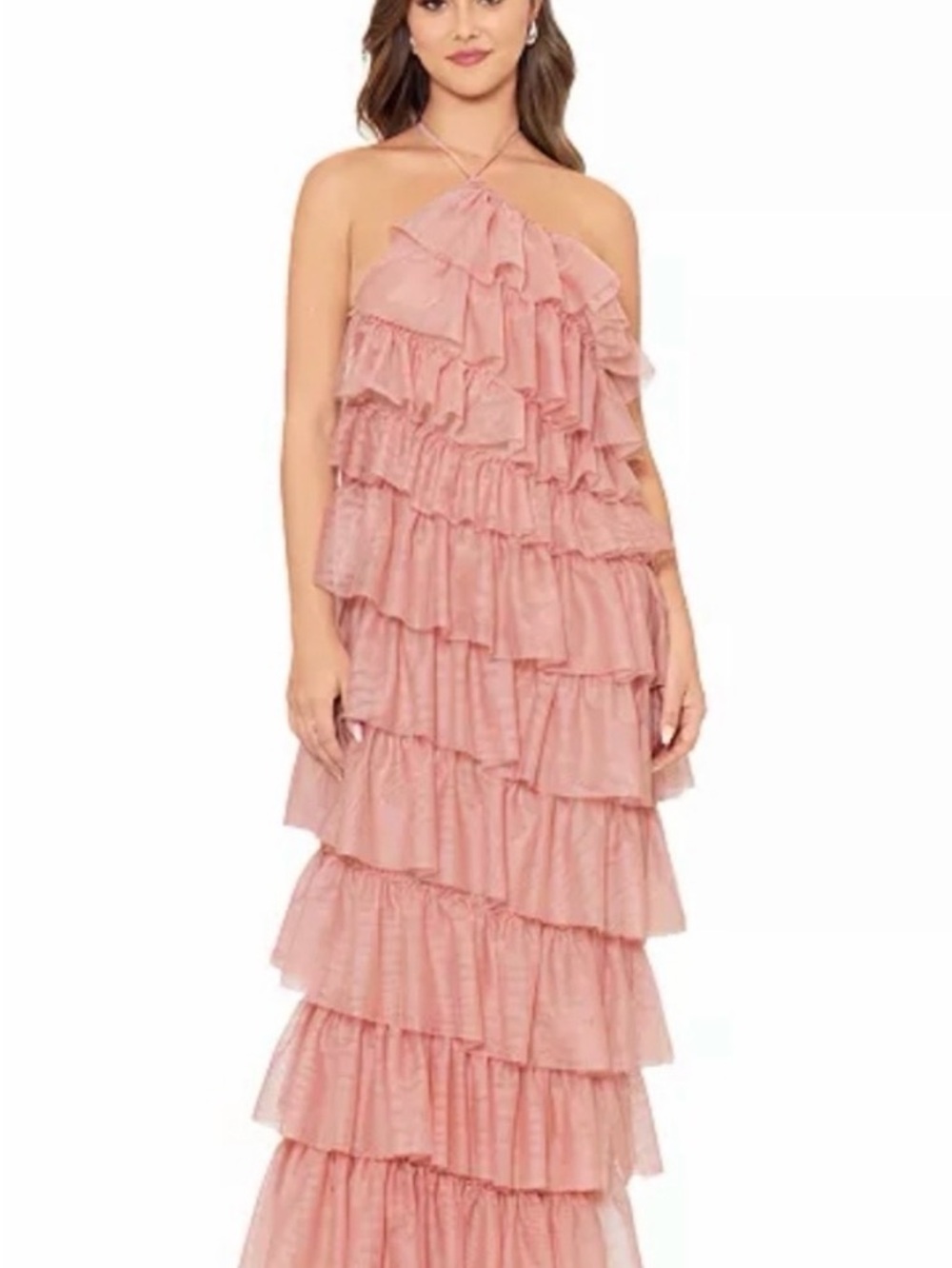 Betsy & Adam Dusty Rose Ruffled Halter Maxi Dress